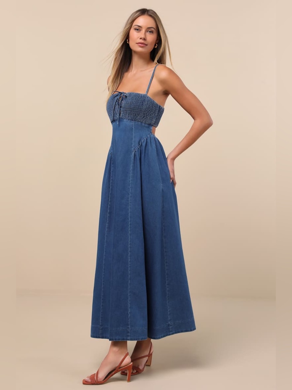 Lulus Laylie Medium Wash Denim Lace-Up Midi Dress